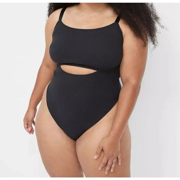 Lane Bryant CACIQUE Rib Keyhole High Leg Thong Bodysuit BLACK Plus Size 26/28 - Picture 1 of 9